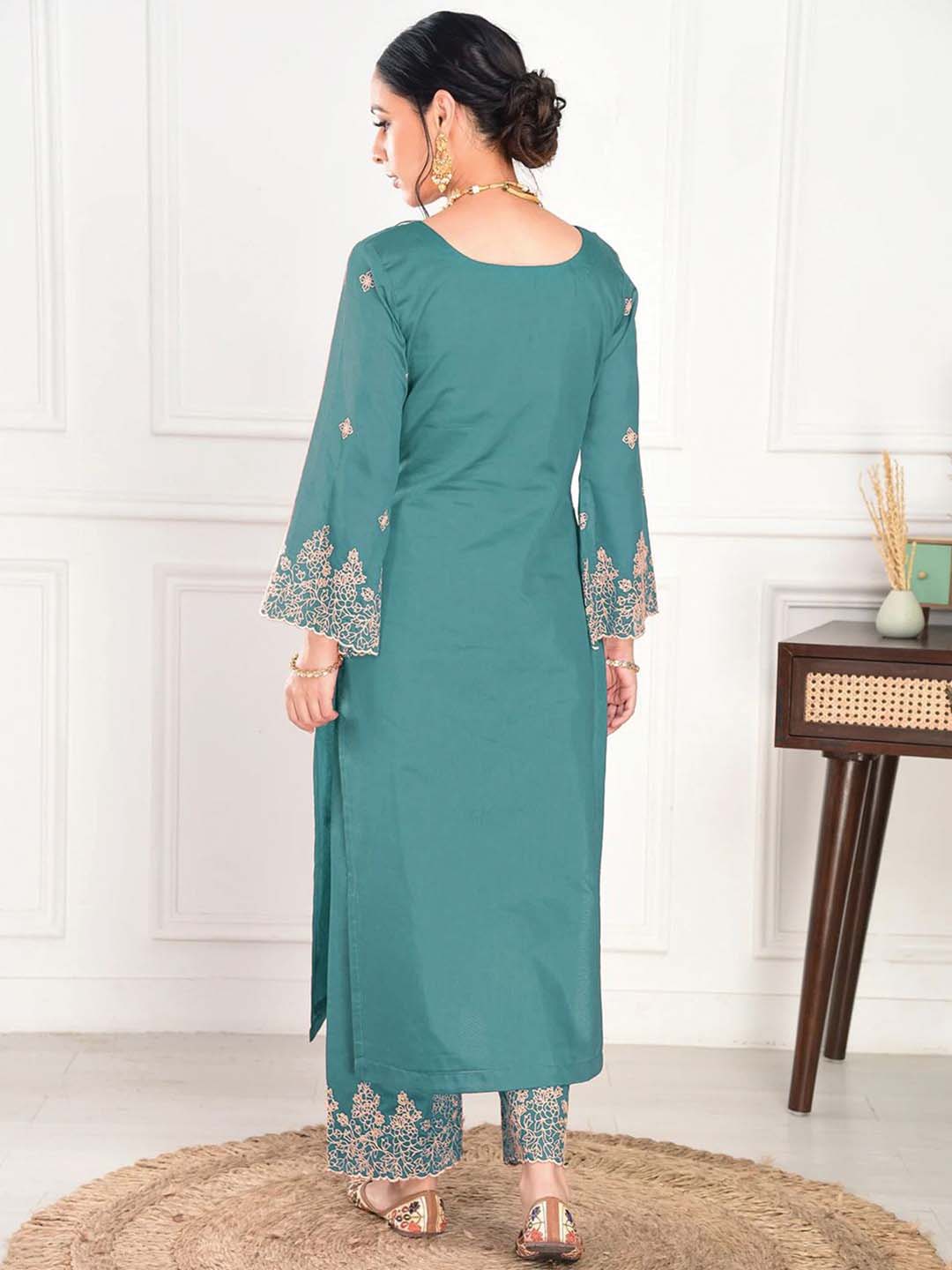 Elegant green embroidered suit with graceful dupatta detailing - Image 6