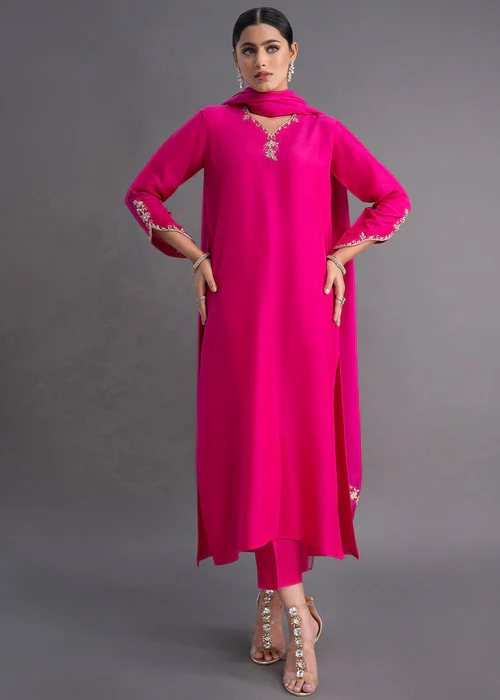 Graceful hot pink embroidered suit for elegant festive wear - Image 2