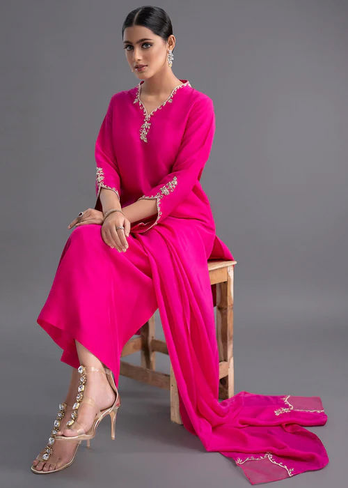 Graceful hot pink embroidered suit for elegant festive wear - Image 3