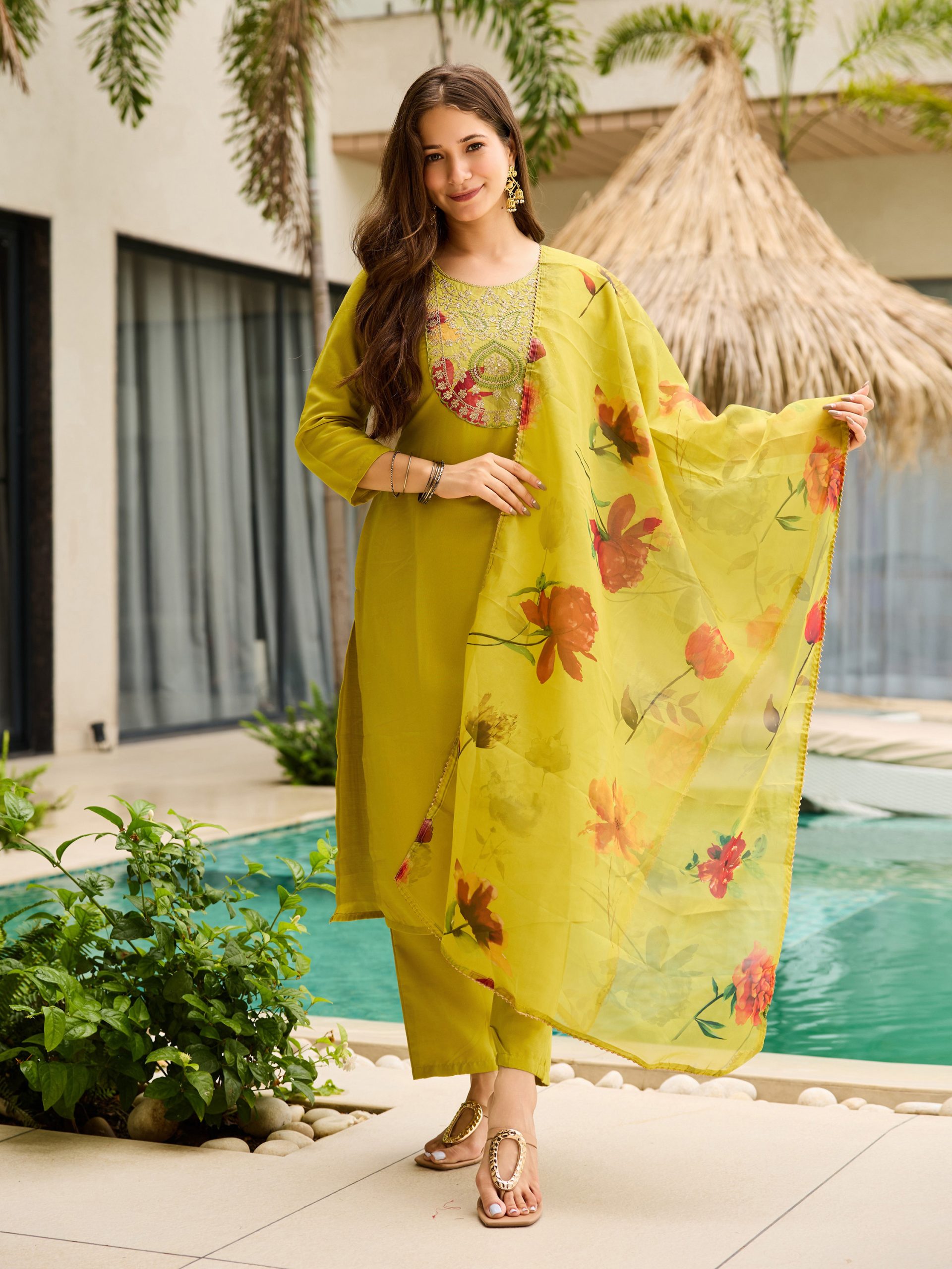 Women's Rayon Embroidered Straight Kurta with Pant And Dupatta Sets - Image 8
