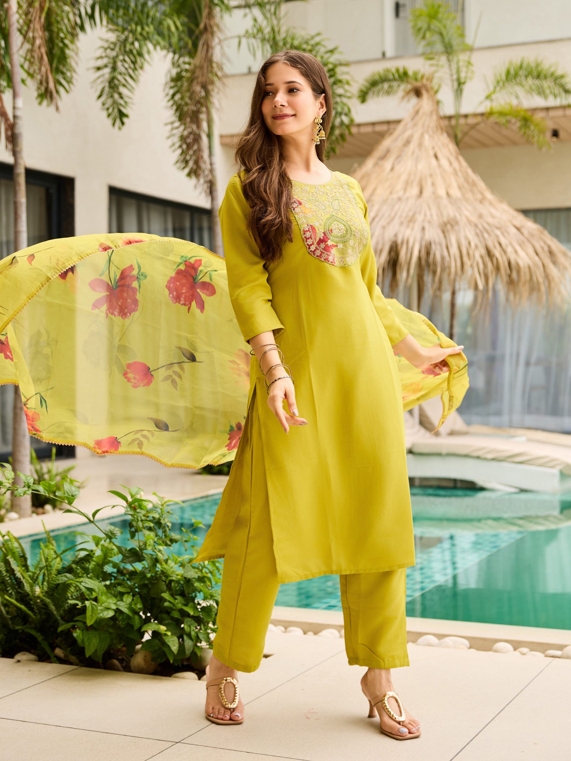 Women's Rayon Embroidered Straight Kurta with Pant And Dupatta Sets - Image 5