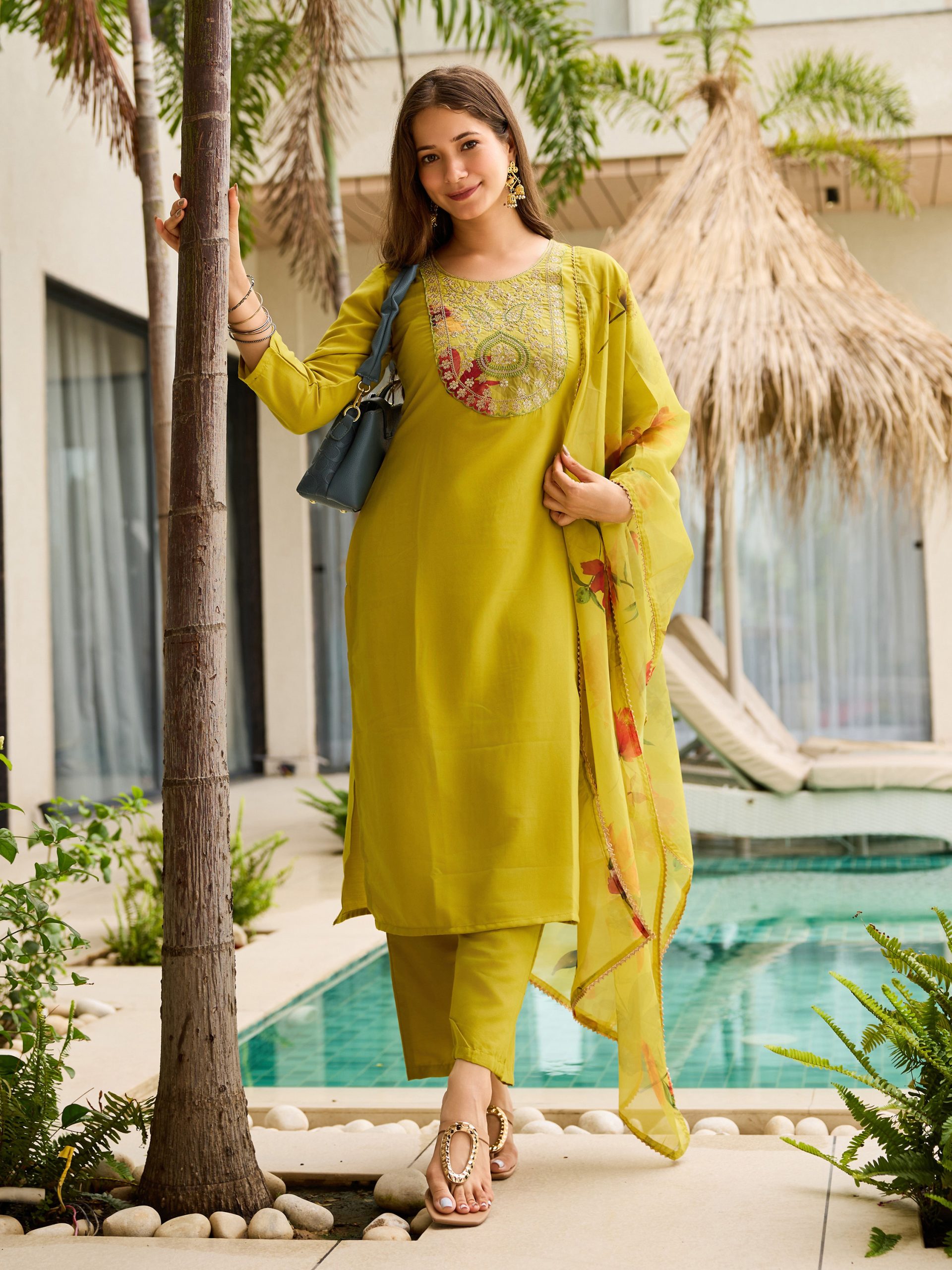 Women's Rayon Embroidered Straight Kurta with Pant And Dupatta Sets