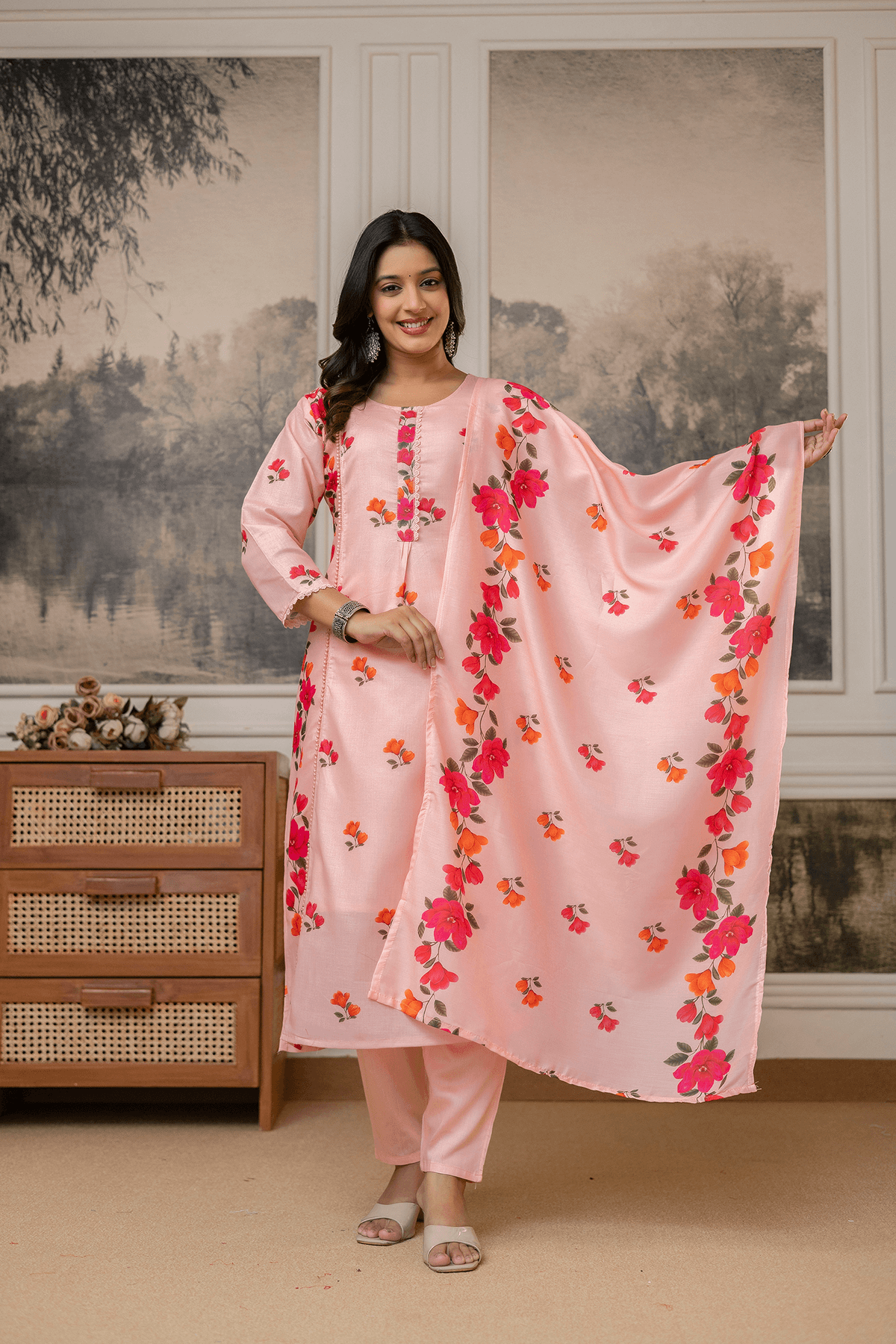 Lavanyaz Women's Elegant Peach Floral Printed Kurta Set with Trousers & Dupatta