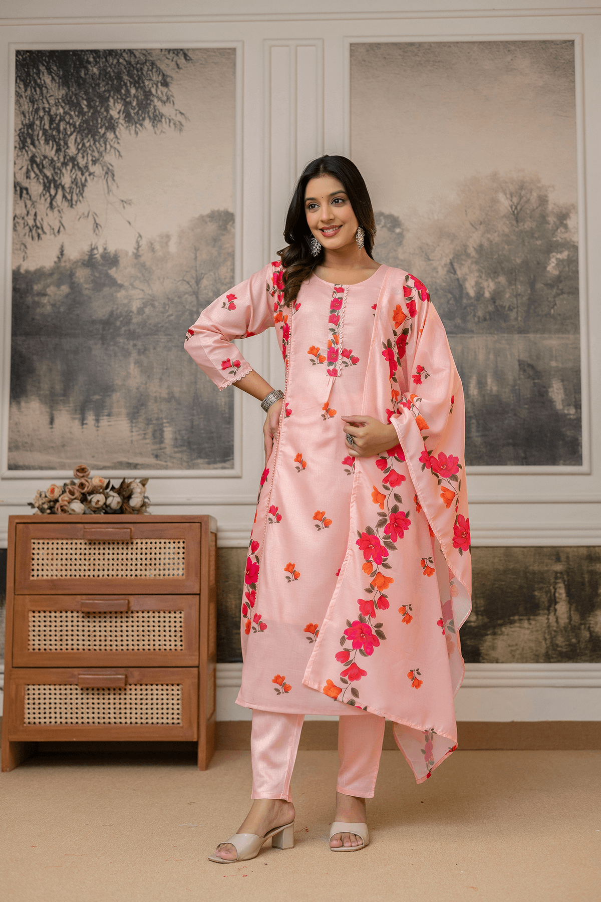 Lavanyaz Women's Elegant Peach Floral Printed Kurta Set with Trousers & Dupatta - Image 2