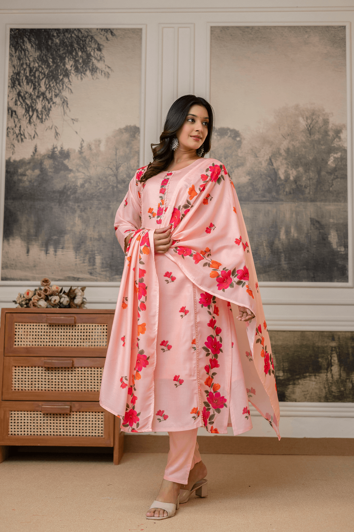 Lavanyaz Women's Elegant Peach Floral Printed Kurta Set with Trousers & Dupatta - Image 4