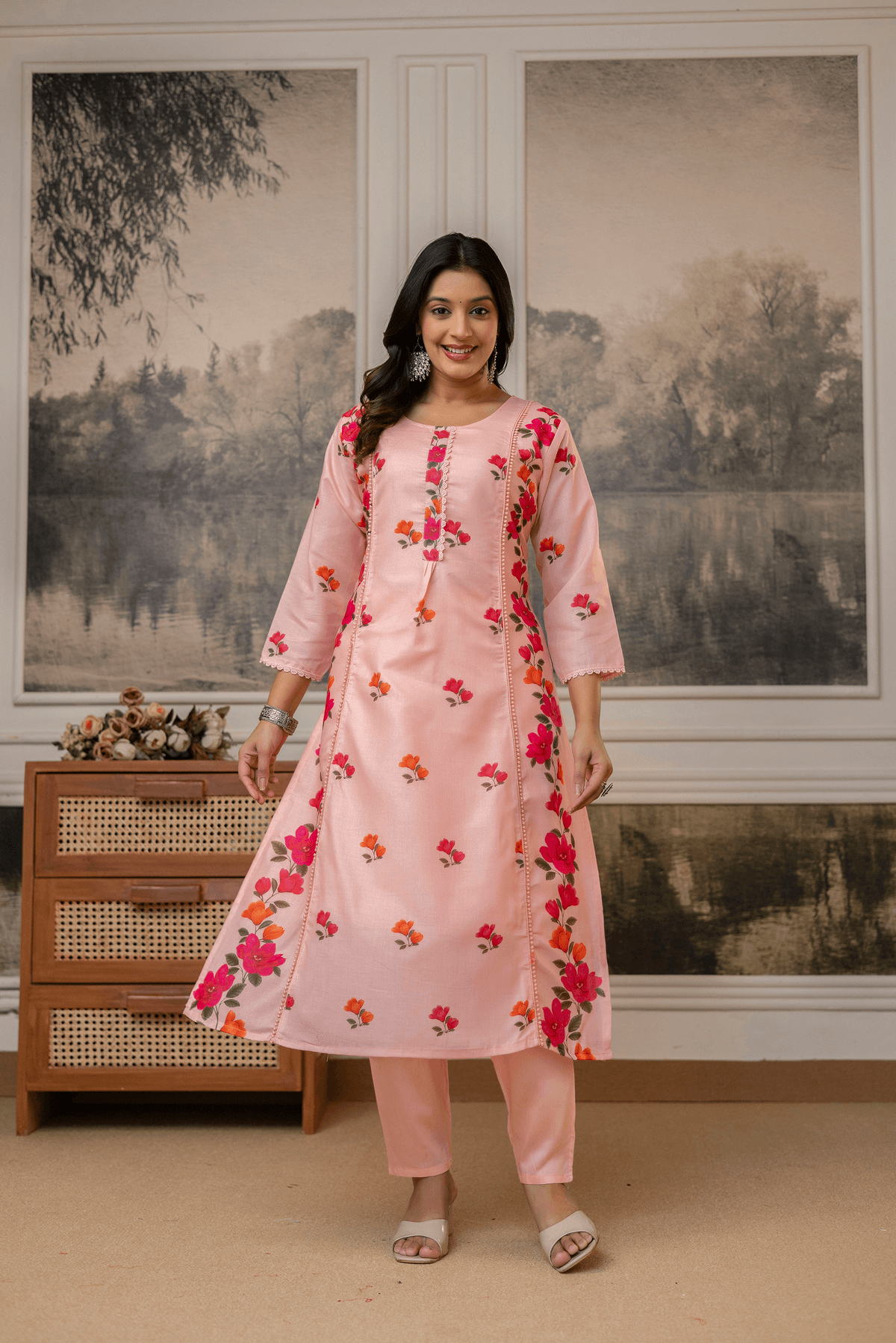 Lavanyaz Women's Elegant Peach Floral Printed Kurta Set with Trousers & Dupatta - Image 8